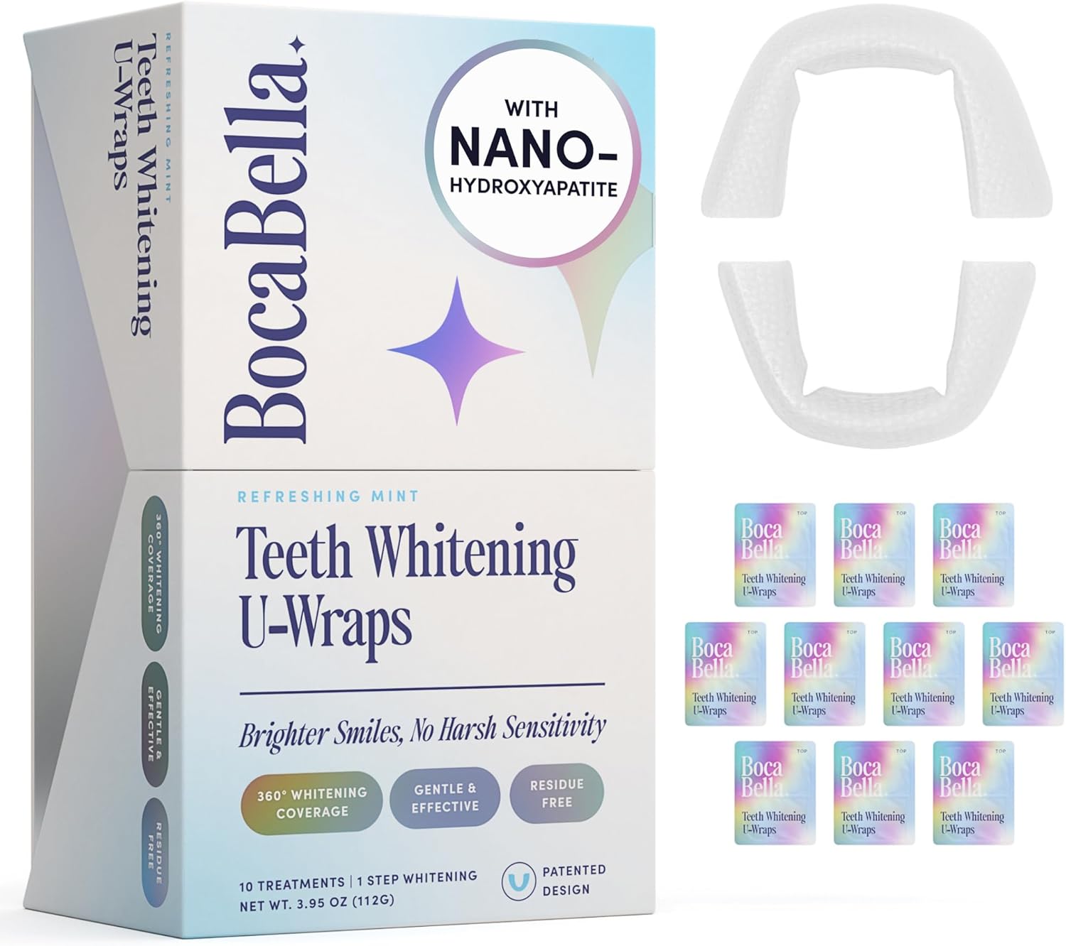 BocaBella Teeth Whitening U-Wraps - 15% Hydrogen Peroxide Whitening Strips & Tray Alternative - Nano-Hydroxyapatite Enamel Safe - 10 Treatments - Up to 23 Shades Whiter - No Harsh Sensitivity