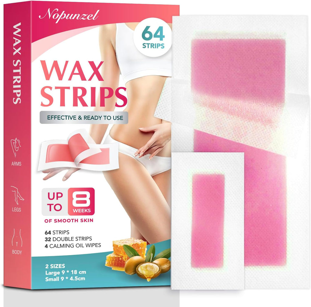 Wax Strips: 64 Waxing Strips - Hair Removal Wax - Brazilian Waxing - Waxing Kit for Women - Body Legs Arms Chest Back Bikini - Wax Kit At Home for Hair Removal - 4 Calming Oil Wipes - 2 sizes