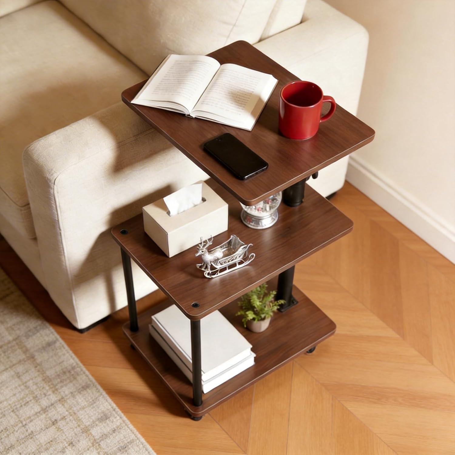 360° Swivel Side Table with Storage, Height Adjustable, Smooth-Rolling Wheels, C-Shaped End Table for Couch/Sofa, Recliner, Living Room, Walnut-Look