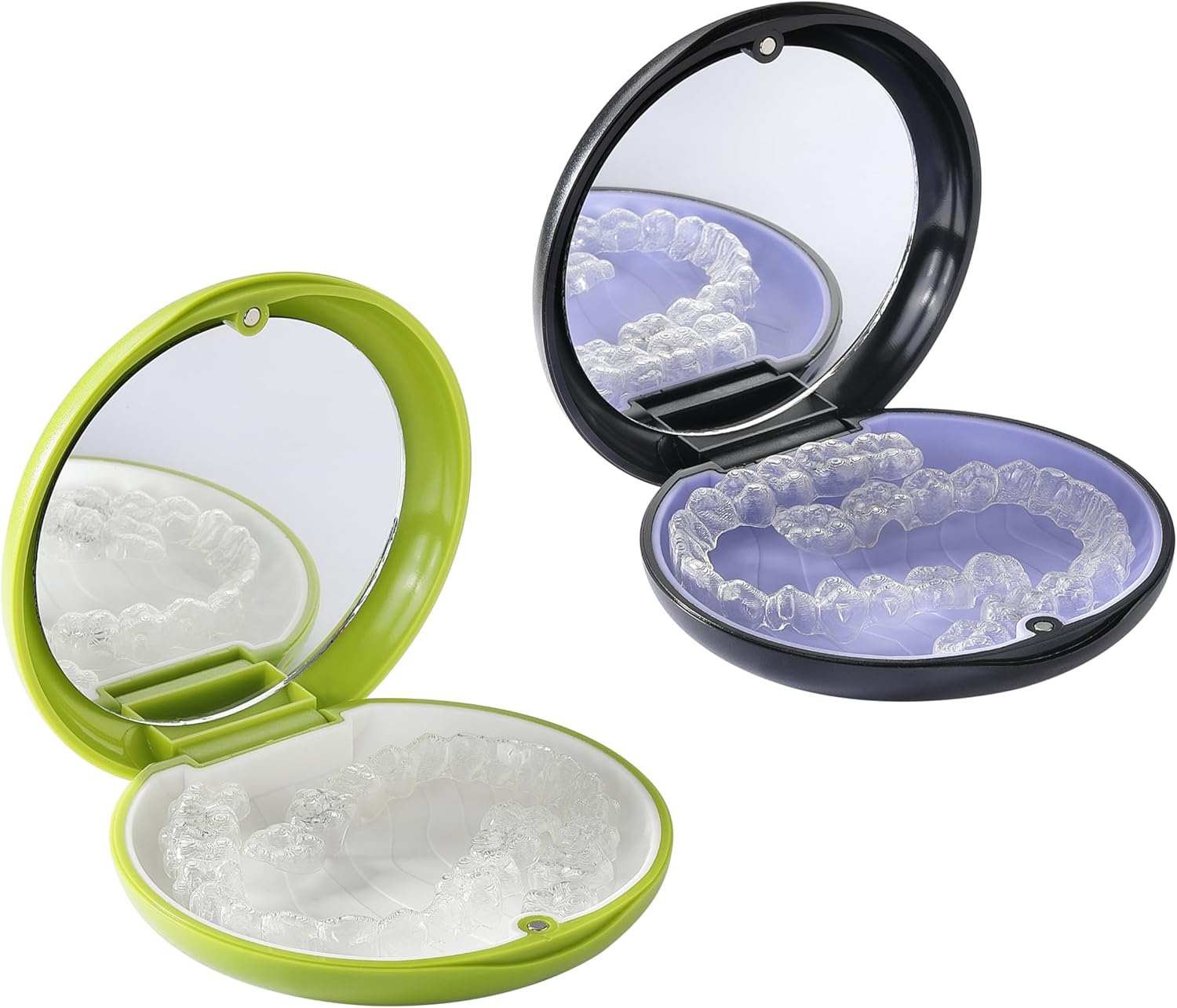 VRUIFA 2 PCS Retainer Cases, Compatible with Invisalign, Mouth Guard Case with Mirror, Suitable for Storage Retainer Removal Tool, Chewy, and Brush (1PCS Green White+1PCS Black Purple)