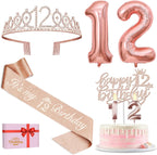 12th Birthday Decorations for Girls, Including 12th Birthday Sash and Tiara, Cake Topper and Candles, Number Balloons, 12 Year Old Gifts for Girls