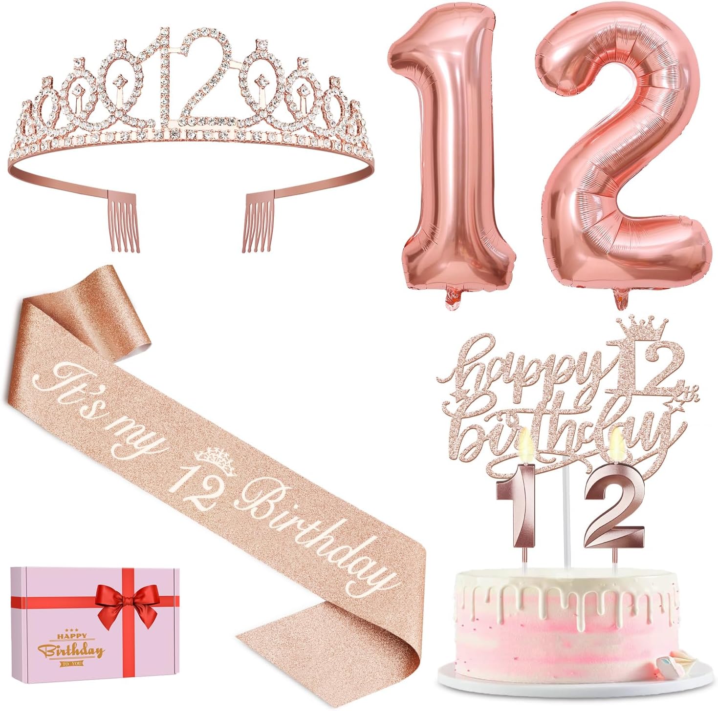 12th Birthday Decorations for Girls, Including 12th Birthday Sash and Tiara, Cake Topper and Candles, Number Balloons, 12 Year Old Gifts for Girls