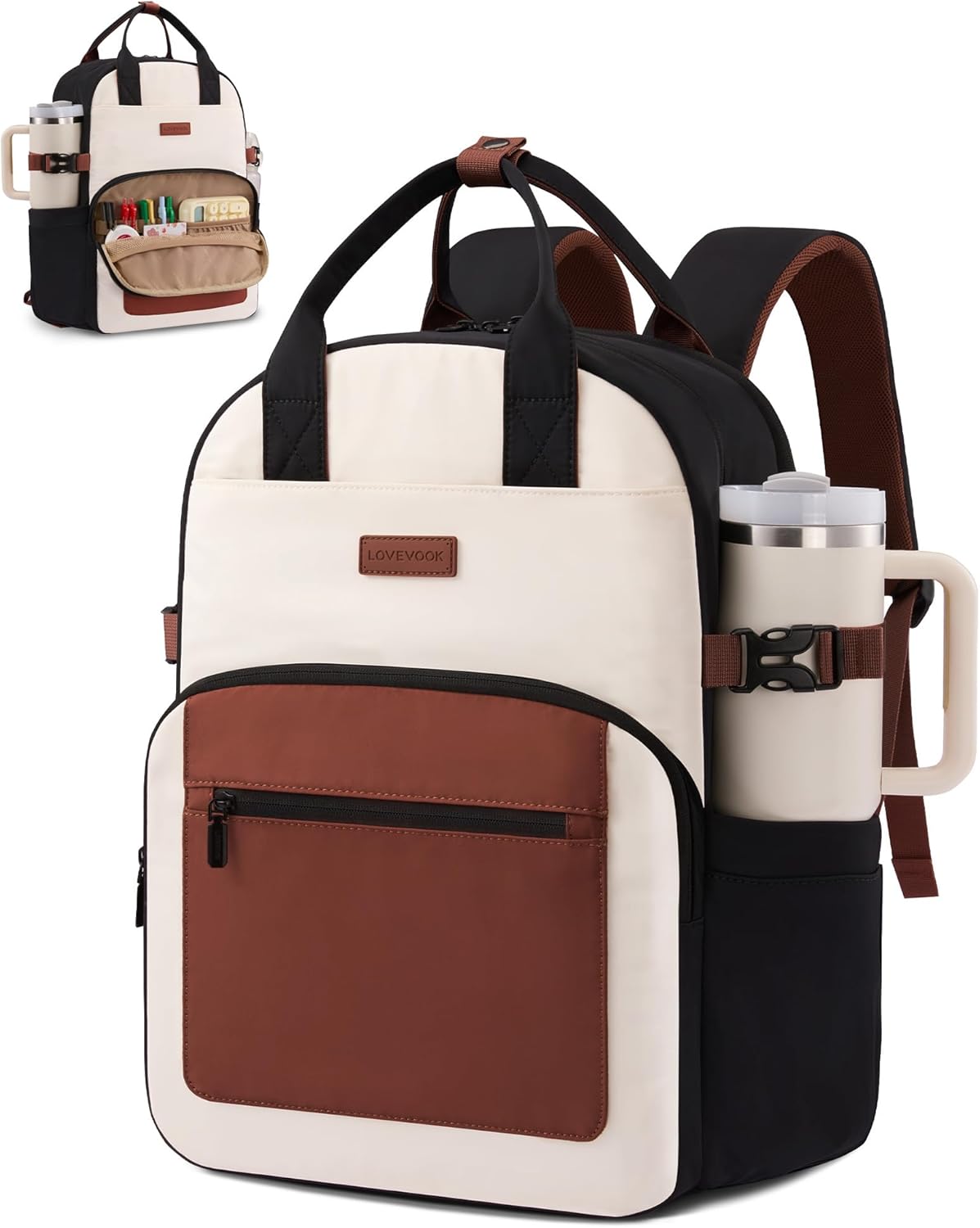 LOVEVOOK Laptop Backpack for Women - Stylish Work Backpack with Large Cup Holder, Waterproof College Teacher Backpack, Beige-Brown, 15.6Inch