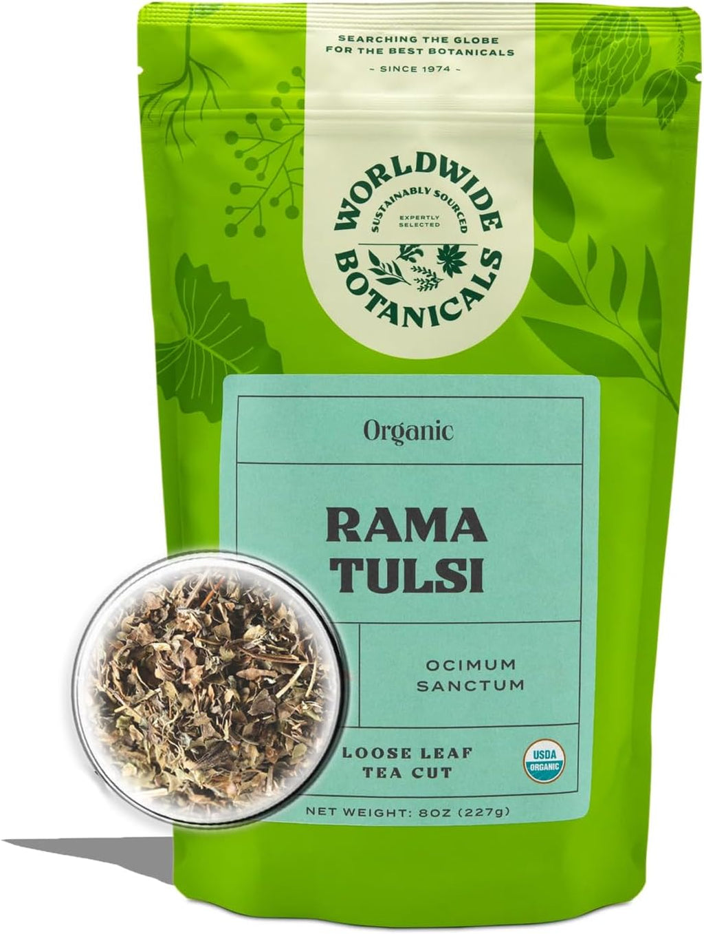 Worldwide Botanicals Organic Holy Basil Tea, 8oz - Tulsi Rama - Loose Leaf Premium Herbal Tea, 100% Pure Tulsi Holy Basil, Fair Trade, Adaptogenic, Kosher