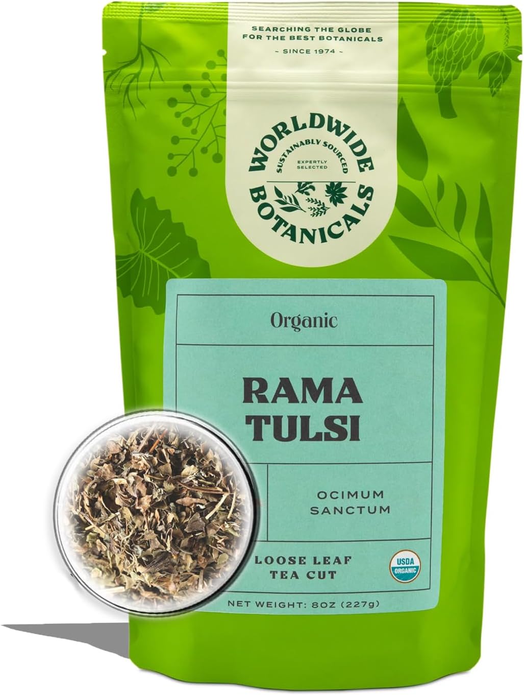 Worldwide Botanicals Organic Holy Basil Tea, 8oz - Tulsi Rama - Loose Leaf Premium Herbal Tea, 100% Pure Tulsi Holy Basil, Fair Trade, Adaptogenic, Kosher