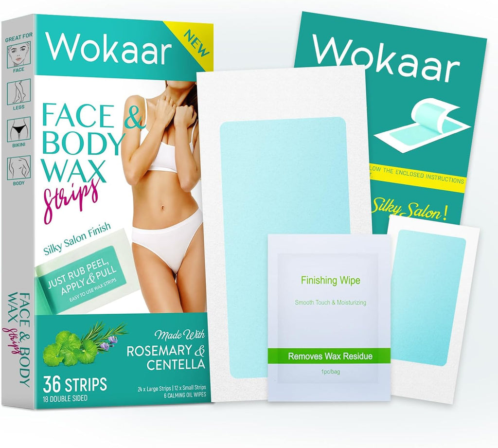 Body Wax Strips | Hair Removal Wax Kit for Women and Men - 42 Count Beeswax & Rosemary Waxing Kit for Legs & Bikini, Underarms, Facial, Eyebrows, Face (24 Body +12 Facial Strip +6 Oil Wipes)