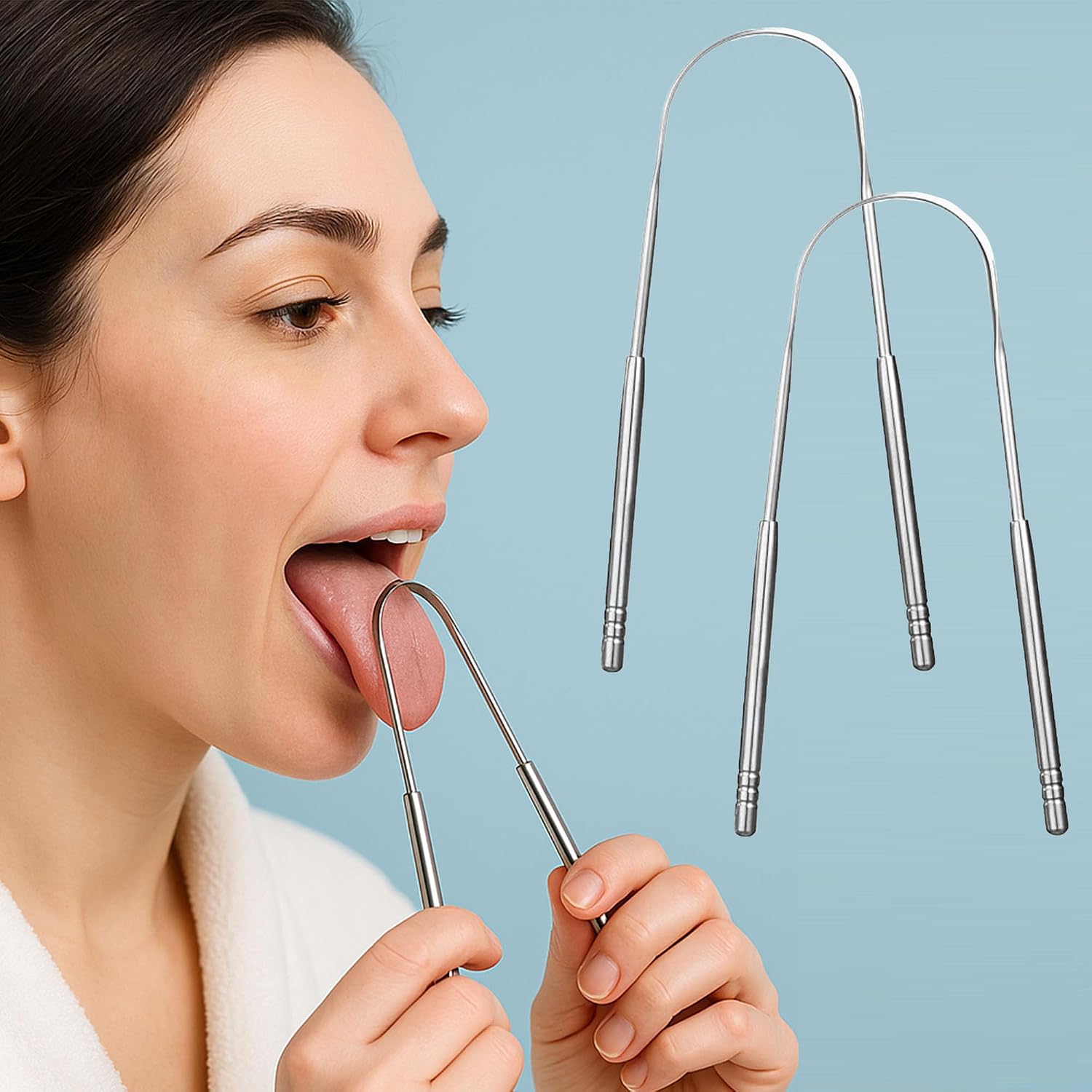 2 Pack Metal Tongue Scraper, Stainless Steel Tongue Cleaning Tool Set, Reusable Manual Design for Daily Oral Care, Non Slip Grip, Family Size Tongue Cleaner Kit