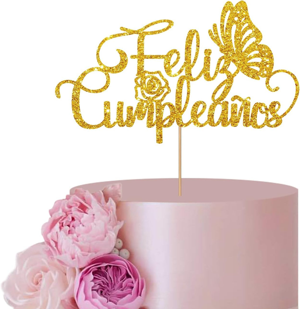 Gold Spanish Feliz Cumpleaños Cake Topper for Birthday Party Decor, Butterfly Happy Birthday Cake Topper, Glitter Spanish Birthday Party Decoration Supplies