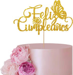 Gold Spanish Feliz Cumpleaños Cake Topper for Birthday Party Decor, Butterfly Happy Birthday Cake Topper, Glitter Spanish Birthday Party Decoration Supplies