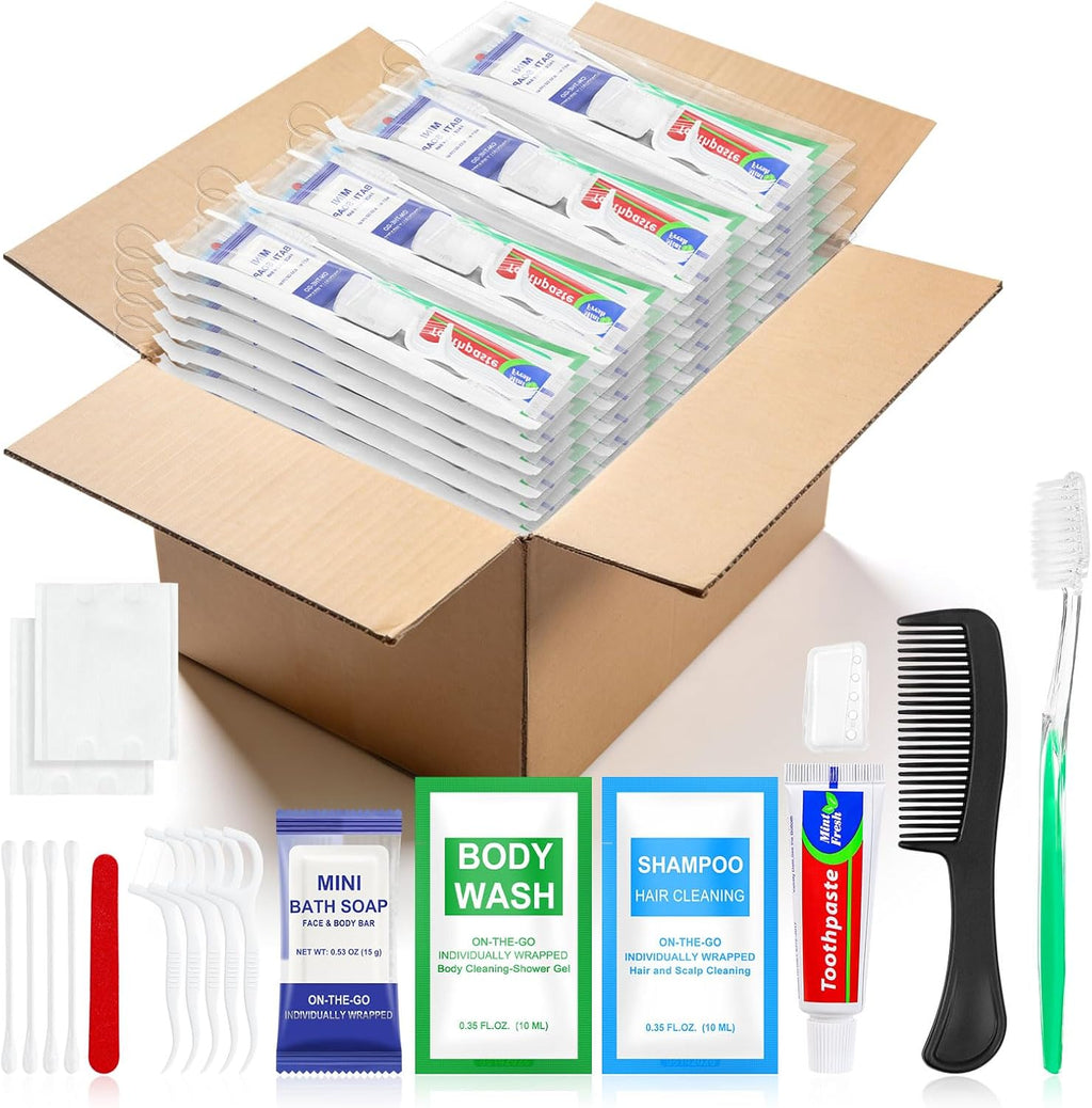 50 Sets Personal Hygiene Kit Bulk,10-IN-1 Green Individually Wrapped Disposable Travel Toothbrushes and Hotel Vanity Set Basic Toiletry Supplies for Homeless,Guests,Charity