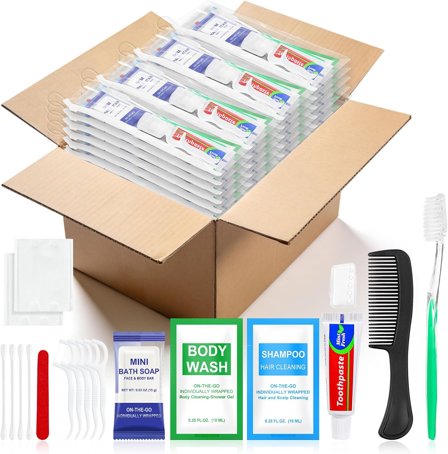 50 Sets Personal Hygiene Kit Bulk,10-IN-1 Green Individually Wrapped Disposable Travel Toothbrushes and Hotel Vanity Set Basic Toiletry Supplies for Homeless,Guests,Charity