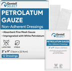 Petrolatum Gauze Non Adherent Dressings 3x9, 12 Pack Box, Fine Mesh Gauze Wound Dressing Infused with White Petroleum Jelly for Exuding Wounds, Burns - Latex Free Occlusive Bandages
