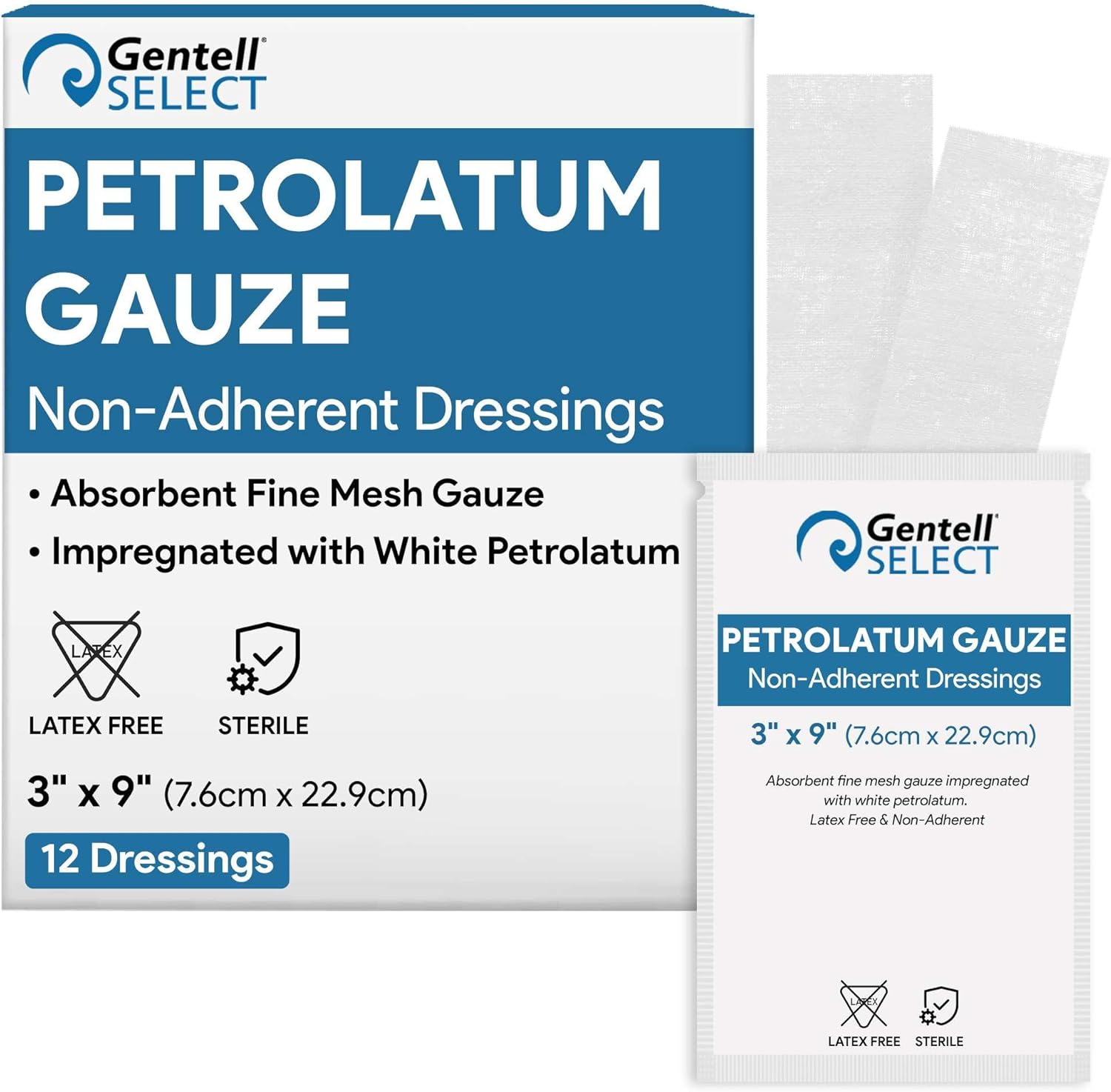Petrolatum Gauze Non Adherent Dressings 3x9, 12 Pack Box, Fine Mesh Gauze Wound Dressing Infused with White Petroleum Jelly for Exuding Wounds, Burns - Latex Free Occlusive Bandages
