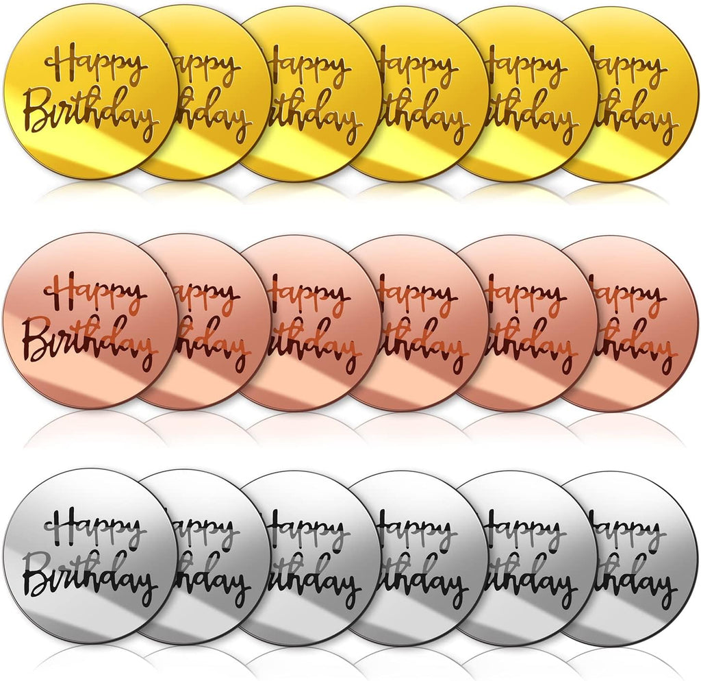 Acrylic Cake Disc, BENBO 18PCS Happy Birthday Cupcake Topper Mirror Acrylic Cupcake Toppers Mini Round Birthday Engraved Topper Charms for Birthday Party DIY Cupcake Decoration