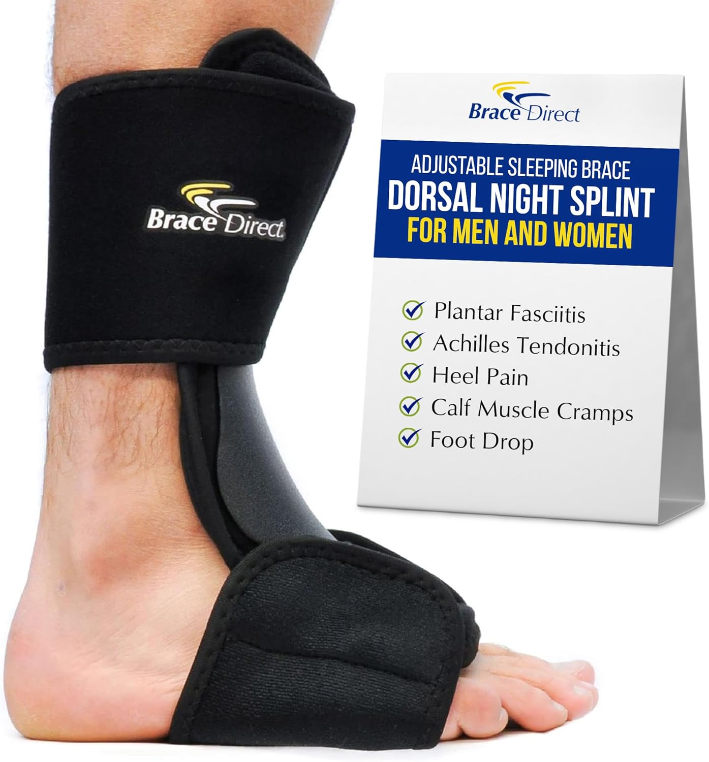 Brace Direct Dorsal Night Splint – Adjustable Sleeping Brace for Plantar Fasciitis, Achilles Tendonitis & Drop Foot, Heel & Arch Pain Relief, Size S-M (US Shoe Men 5-8 / Women 6-9)
