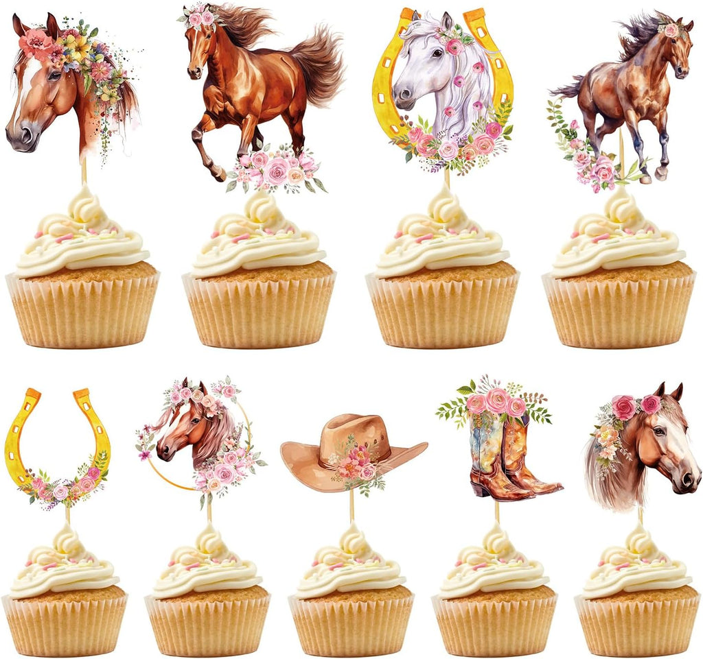 Rngmsi Horse Birthday Party Decorations for Girls, 36PCS Horse Cupcake Toppers Decor Supplies, Cowgirl Baby Shower Western Farm Party Decor