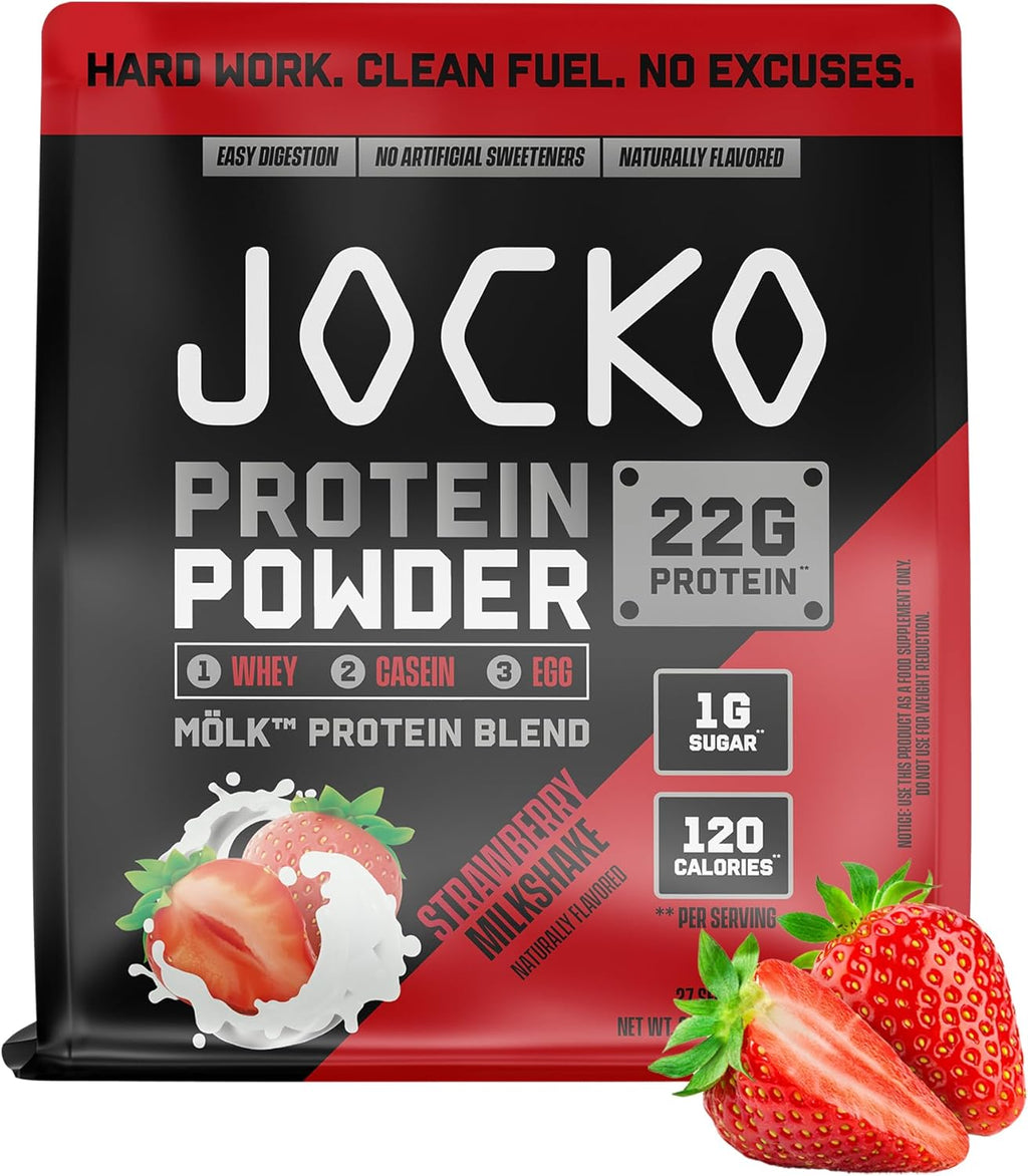 Jocko Fuel Whey Protein Powder, Strawberry Milkshake, 22g Protein, Digestive Enzymes + Probiotic Blend, No Sugar Added, with Essential Amino Acids + Electrolyte Minerals, 27 Servings