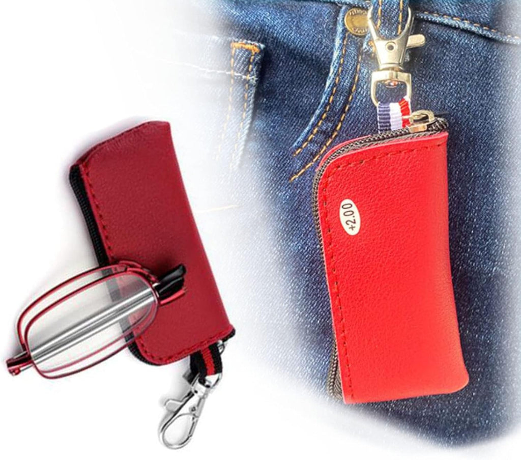 Mini Compact Anti Blue Light Reading Glasses Telescopic Temple Folding Spring Hinge Reader with Keychain Leather (Color : Red, Size : 1.0+)