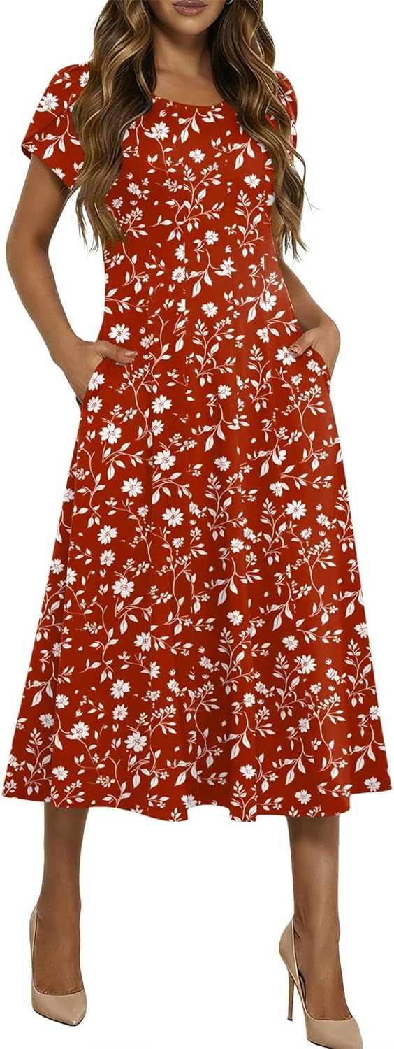 HOTOUCH Summer Dresses for Women 2026 Casual Midi Dress Petal Short Sleeve A Line Dress Pleated Flare Sundress