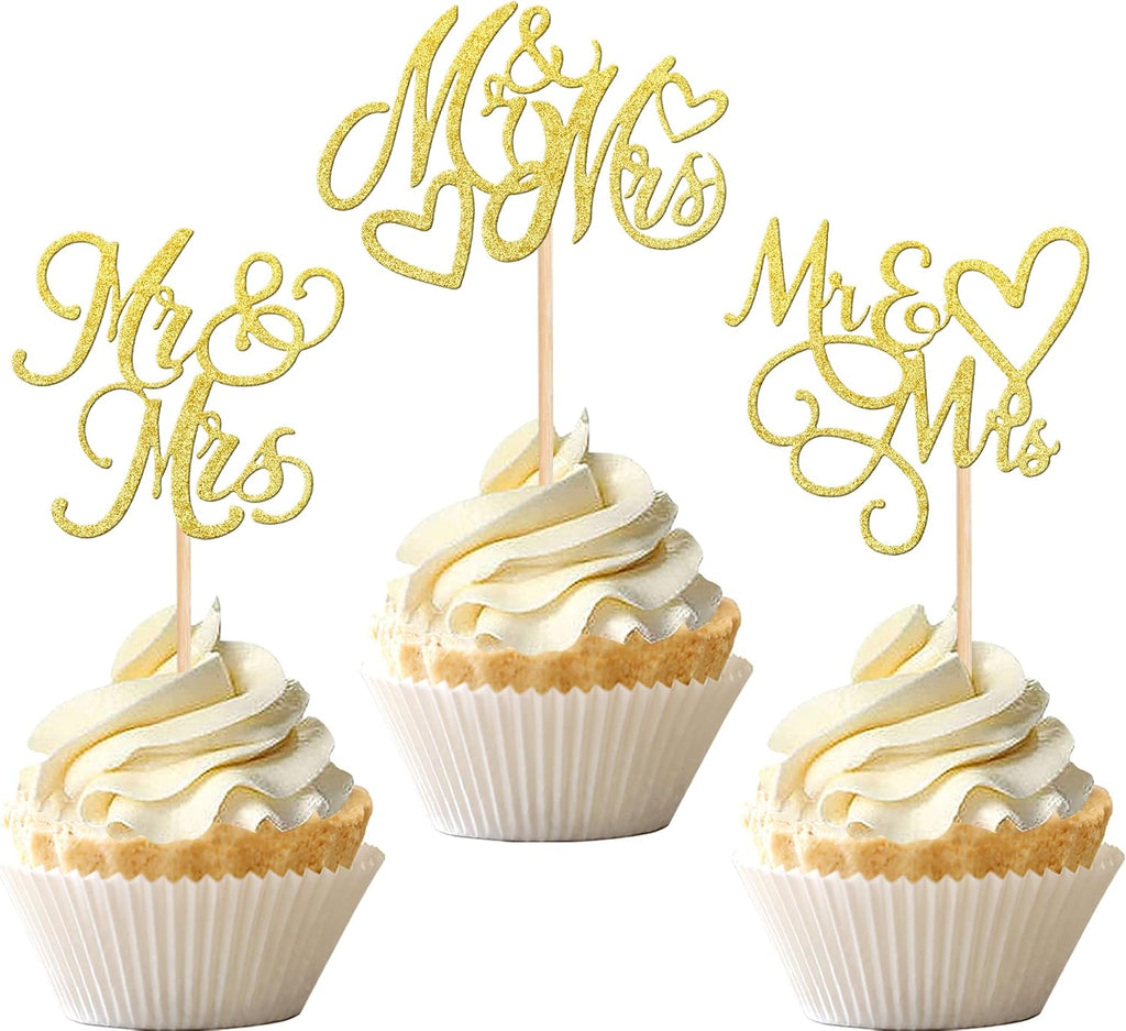 24 PCS Mr & Mrs Cupcake Toppers Glitter Love Heart Cupcake Picks Wedding Engagement Cake Decorations for Bridal Shower Theme Birthday Party Supplies Gold