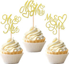 24 PCS Mr & Mrs Cupcake Toppers Glitter Love Heart Cupcake Picks Wedding Engagement Cake Decorations for Bridal Shower Theme Birthday Party Supplies Gold