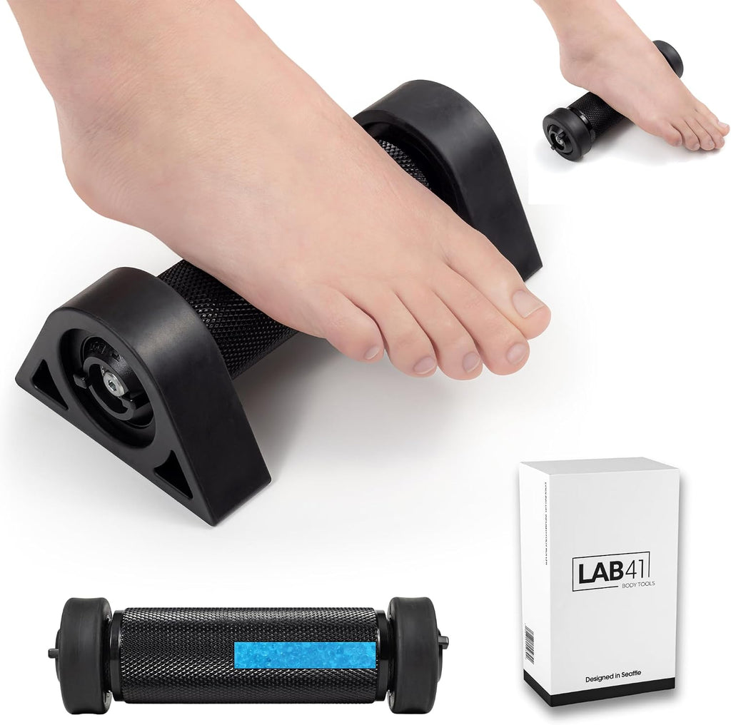 Premium Foot Roller with Cooling Gel Core - Plantar Fasciitis Relief - Portable and Deep Tissue Muscle Massage - Stabilized Urethane Wheels - Reflexology Tool