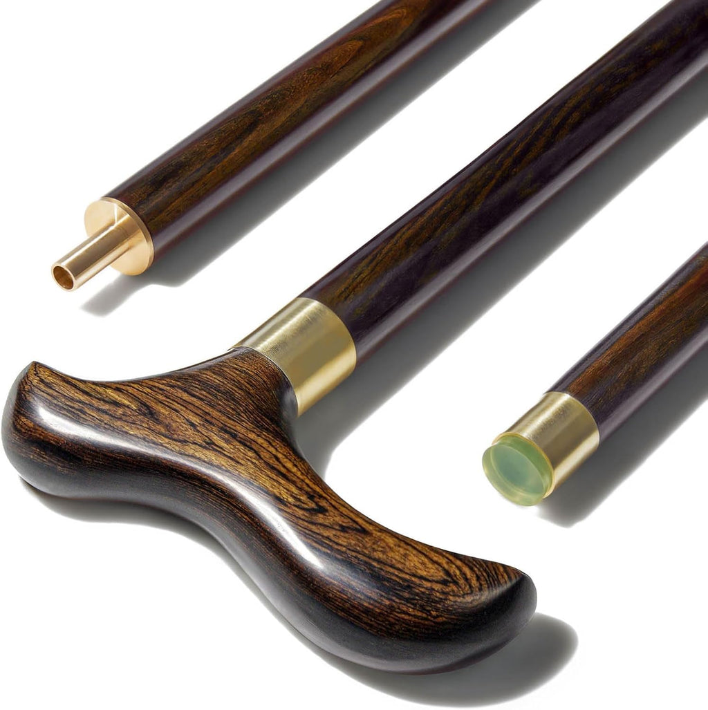 Folding Wooden Walking Cane for Men – 3-Piece Solid Wood Walking Stick with Brass Joints, Portable Travel Cane with Carry Bag, Wrist Strap & Gift Box