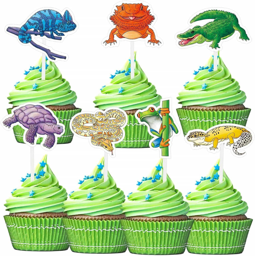 WERNNSAI 35 PCS Reptile Cupcake Toppers - Reptile Birthday Party Decorations for Kids Boys Snake Frog Cake Toppers Reptile Party Leopard Gecko Dessert Cake Insert Jungle Camping Cupcake Supplies