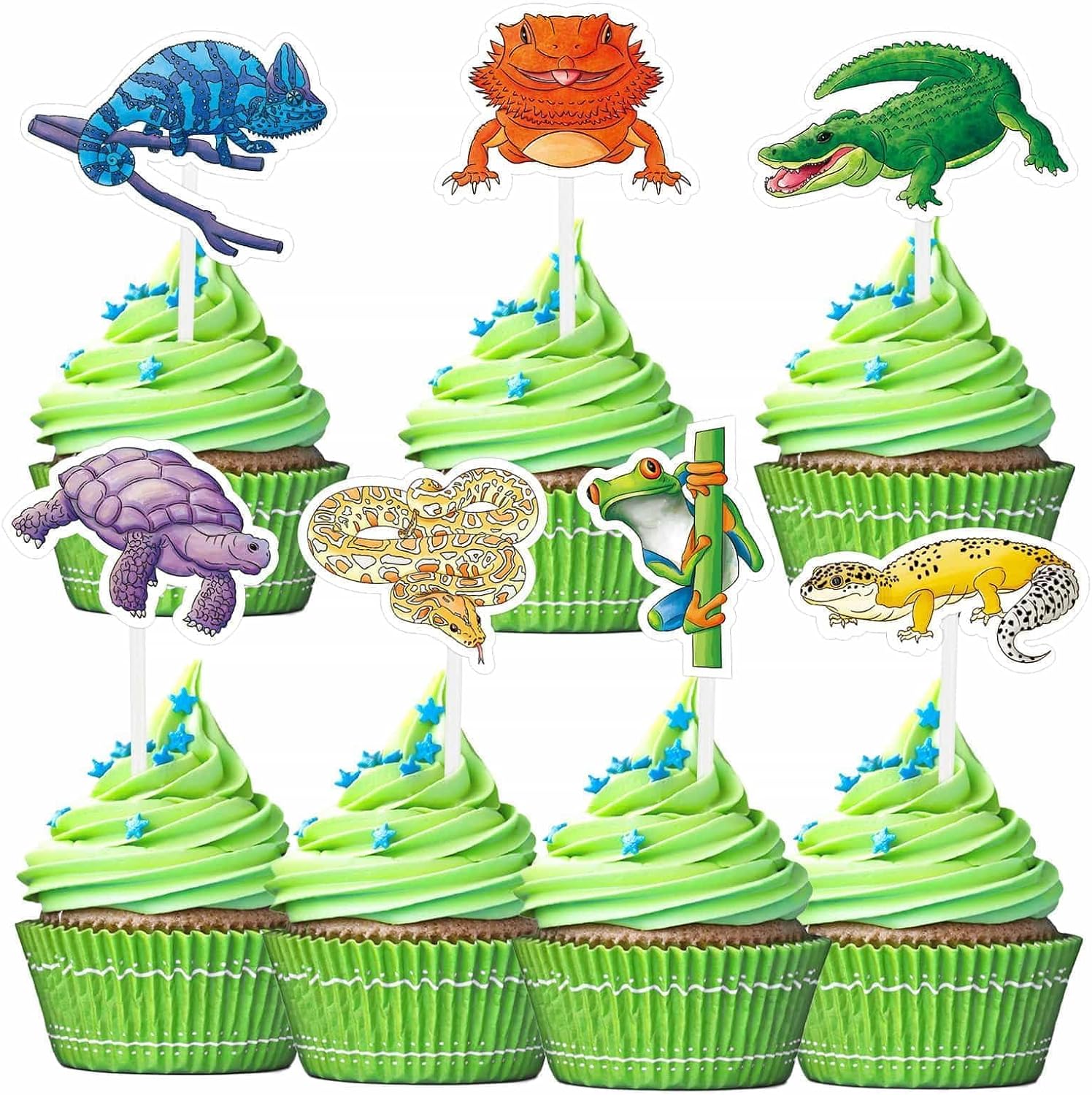 WERNNSAI 35 PCS Reptile Cupcake Toppers - Reptile Birthday Party Decorations for Kids Boys Snake Frog Cake Toppers Reptile Party Leopard Gecko Dessert Cake Insert Jungle Camping Cupcake Supplies
