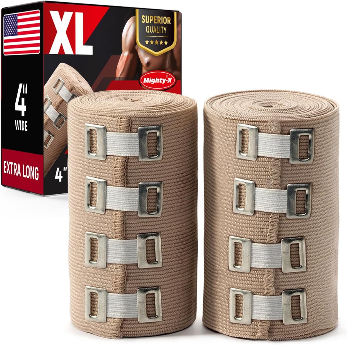 Premium Elastic Bandage Wrap - 2Pack + 4 Extra Clips - 4” Wide - [Extra Long] - 9ft not Stretched - Compression Bandage Wrap - Knee, Elbow, Body Wrap