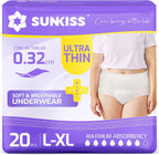 SUNKISS Ultra Thin Incontinence Underwear for Women, High Absorbency & Super Soft Postpartum Diapers, Disposable Adult Pull Ups, Unscented, Large/XLarge, 20 Count