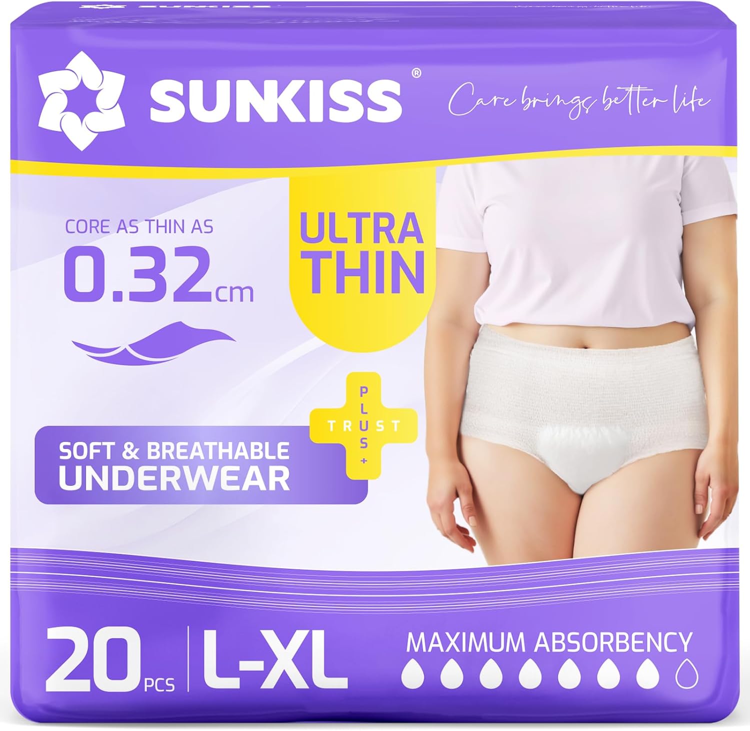SUNKISS Ultra Thin Incontinence Underwear for Women, High Absorbency & Super Soft Postpartum Diapers, Disposable Adult Pull Ups, Unscented, Large/XLarge, 20 Count