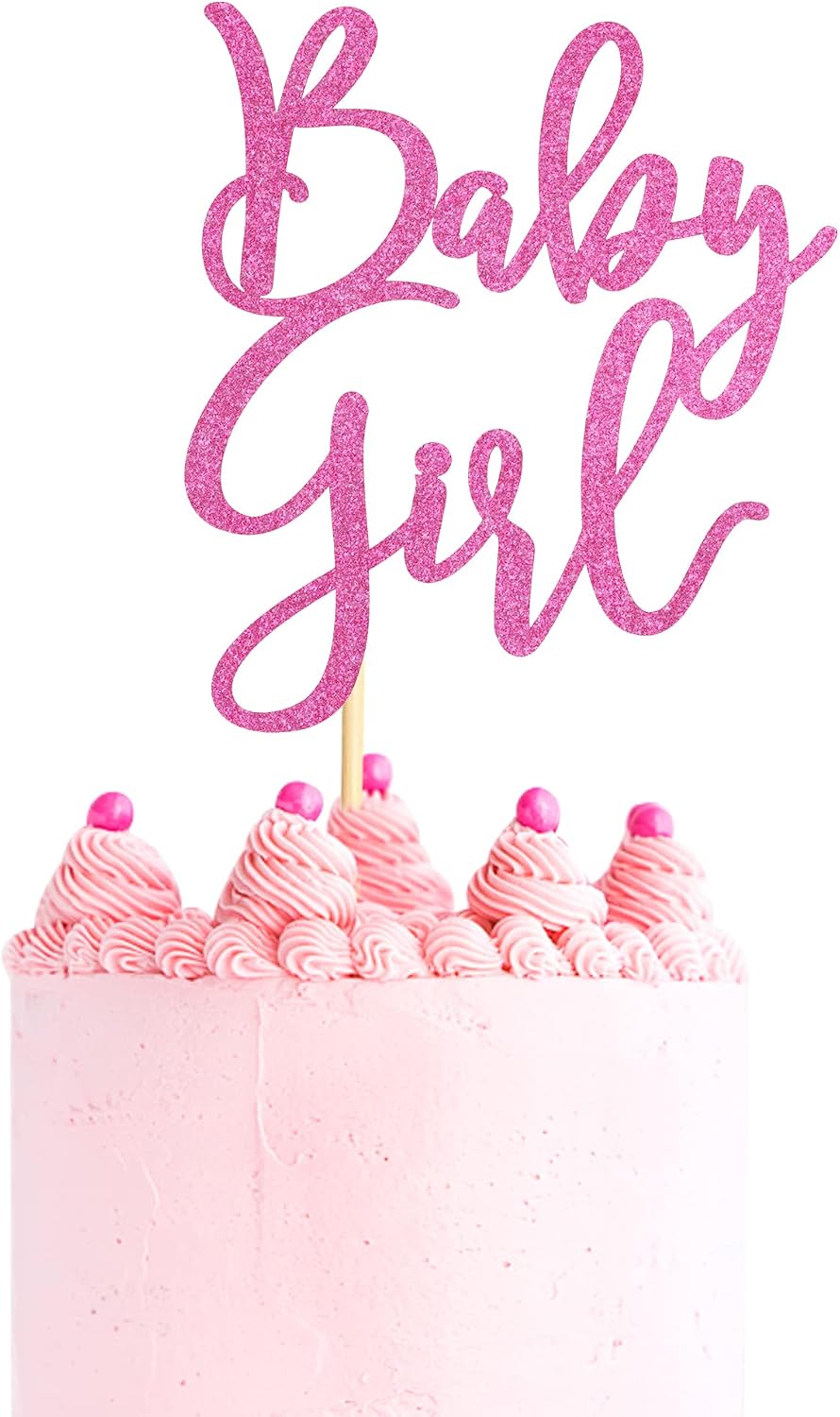 Baby Girl Cake Topper for Baby Shower or Newborn Cake Picks, Gender Reveal Party Decorations- Pink Glitter
