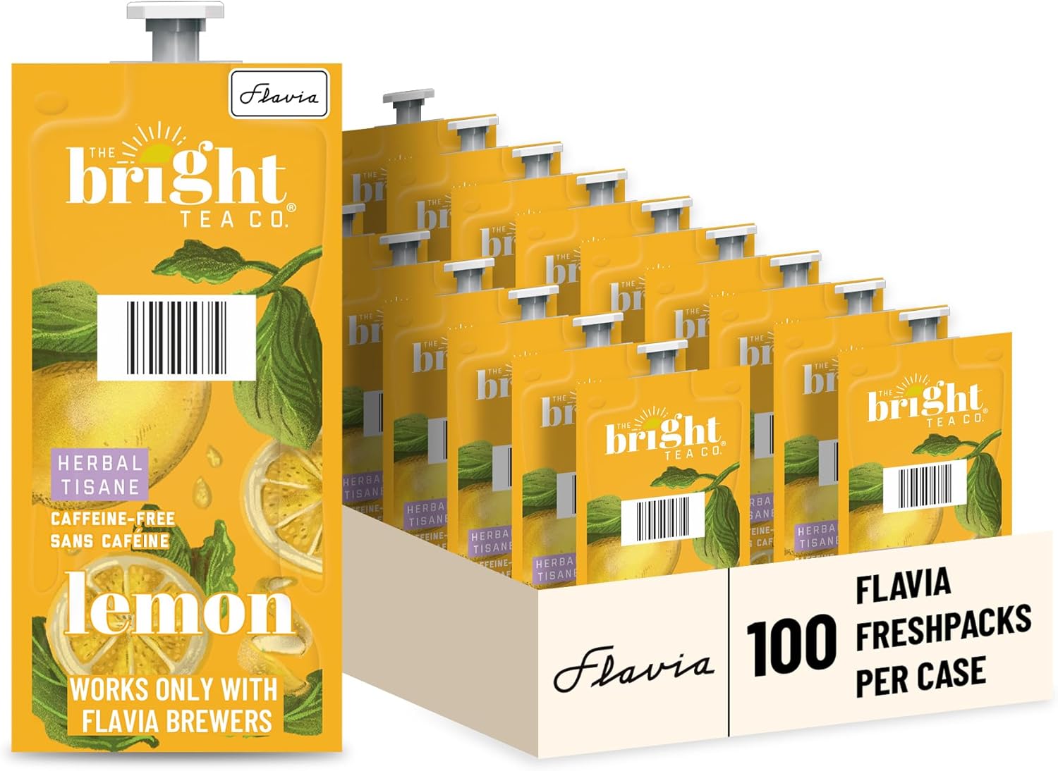 Flavia Bright Tea Co. Lemon Herbal Tea Freshpacks works only with Flavia Brewers (Case of 100)