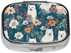 White Dog and Flowers Pill Box Metal Pill Case Portable Travel Pill Organizer for Pocket or Purse Decorative Medicine Box Vitamin Container