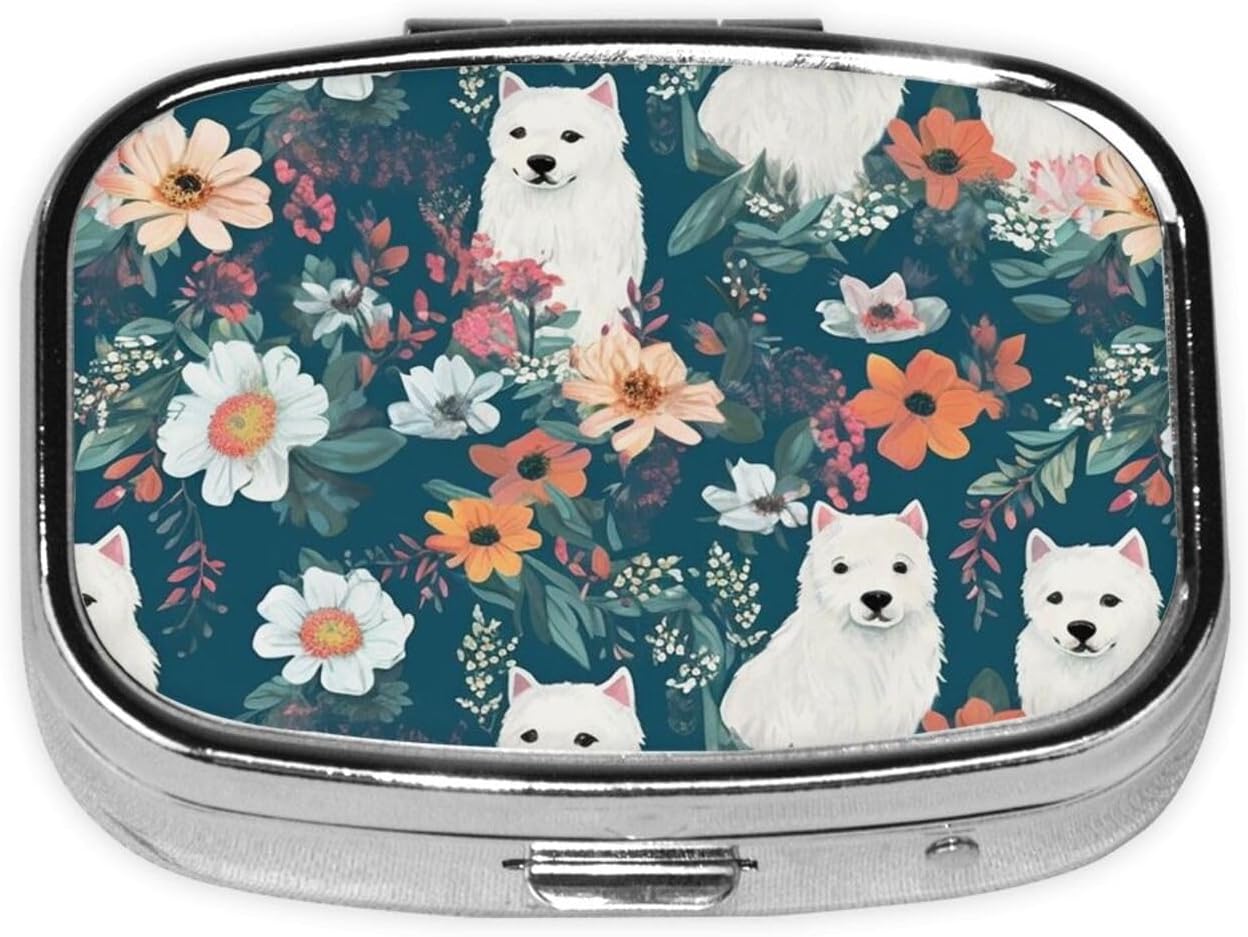 White Dog and Flowers Pill Box Metal Pill Case Portable Travel Pill Organizer for Pocket or Purse Decorative Medicine Box Vitamin Container
