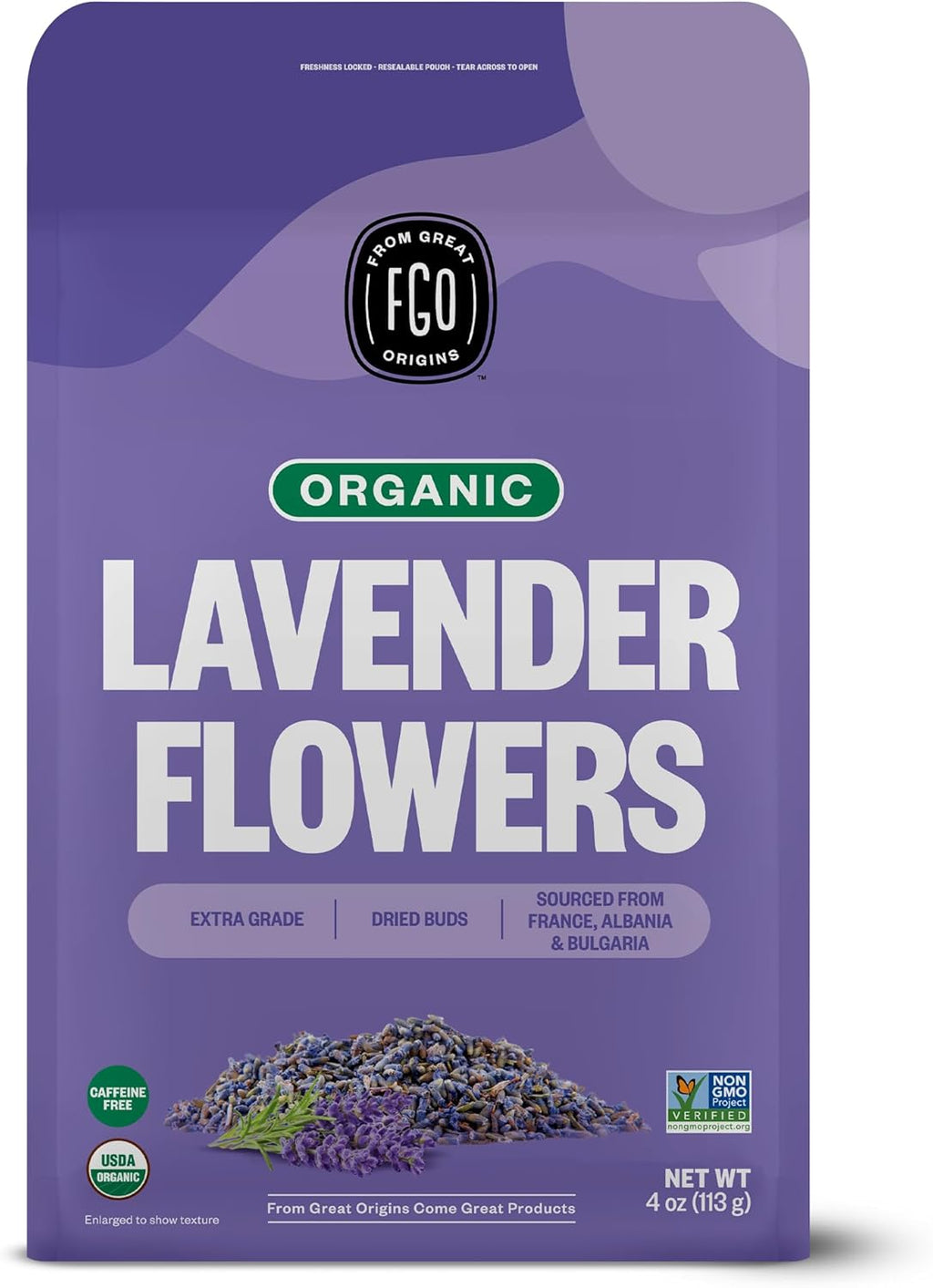 FGO Organic Dried Lavender Flowers, Extra Grade Dried Buds, Imported From France for Culinary or Sachet Bags, 4oz, Packaging May Vary (Pack of 1)