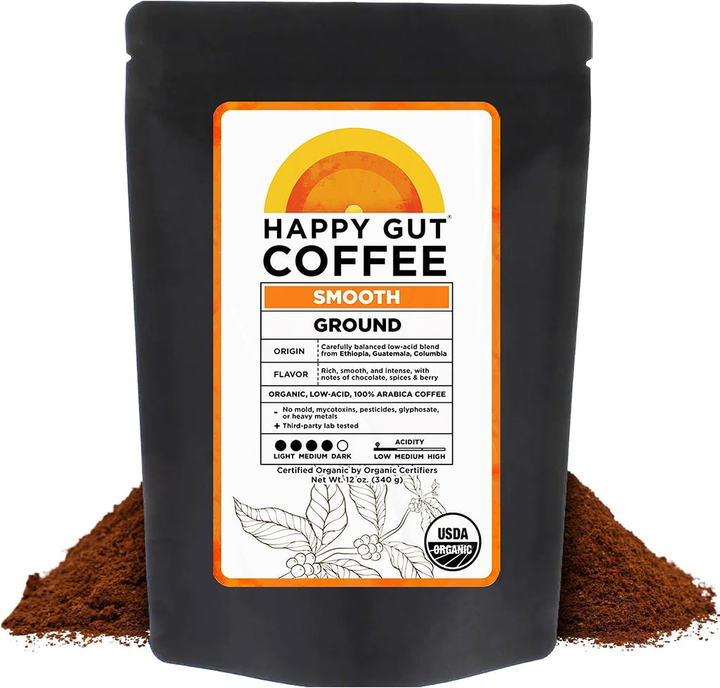Happy Gut Coffee - Doctor-Formulated, Organic Medium-to-Dark Roast Coffee with Gut-Friendly Benefits - Gentle on Stomach - Rich Flavor, Gluten-Free, No Bitterness - 12oz - SMOOTH - Ground