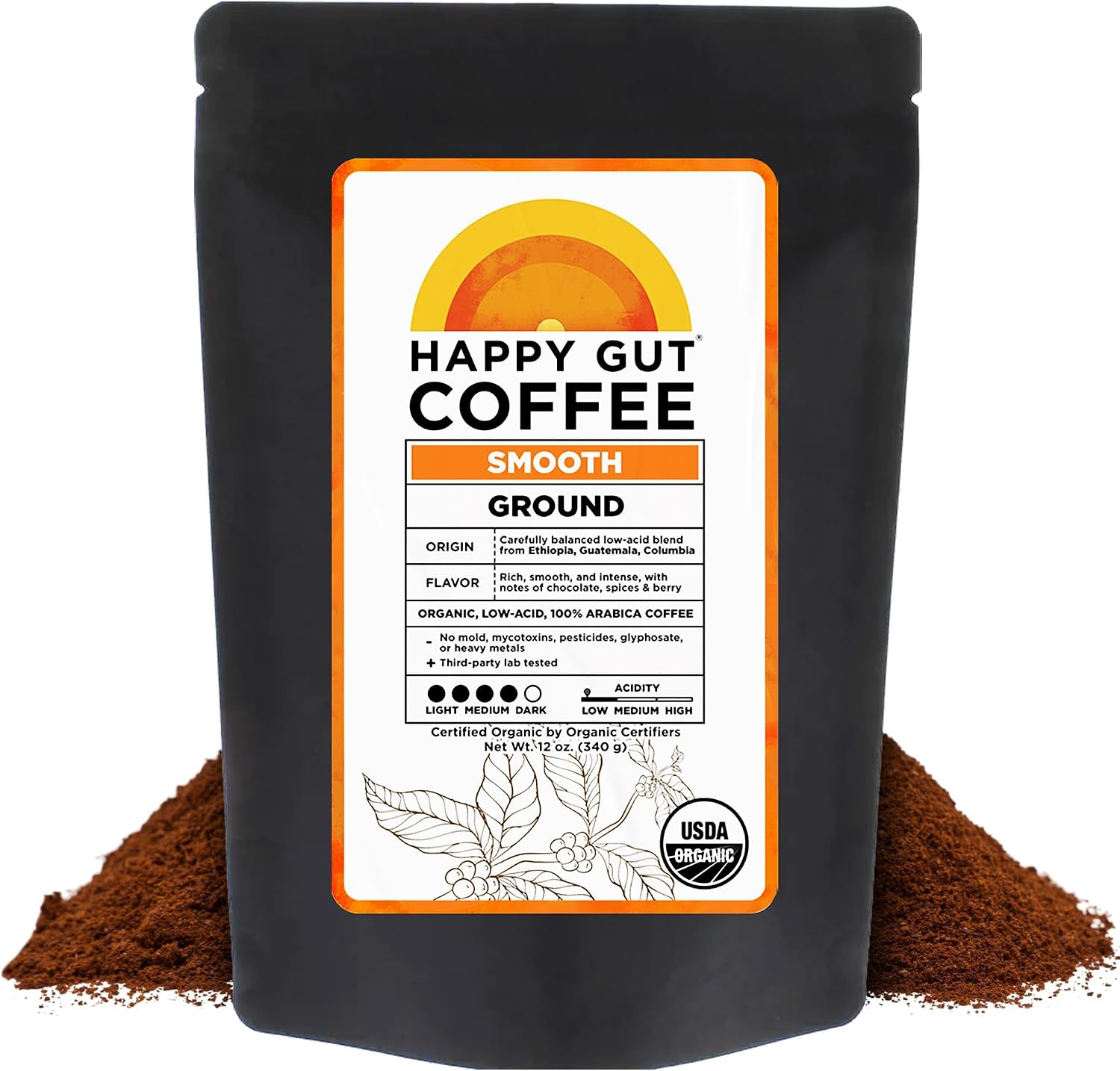 Happy Gut Coffee - Doctor-Formulated, Organic Medium-to-Dark Roast Coffee with Gut-Friendly Benefits - Gentle on Stomach - Rich Flavor, Gluten-Free, No Bitterness - 12oz - SMOOTH - Ground