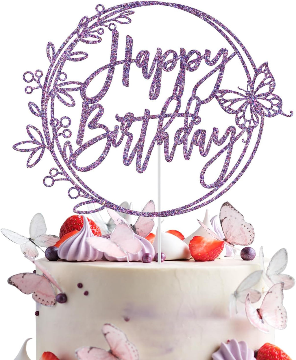 Happy Birthday Cake Topper Butterfly, Girls Women's Happy Birthday Cake Decorations, Butterfly Themed Bday Wedding Anniversary Baby Shower Party Decorations (Purple Glitter)