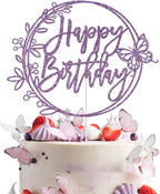 Happy Birthday Cake Topper Butterfly, Girls Women's Happy Birthday Cake Decorations, Butterfly Themed Bday Wedding Anniversary Baby Shower Party Decorations (Purple Glitter)