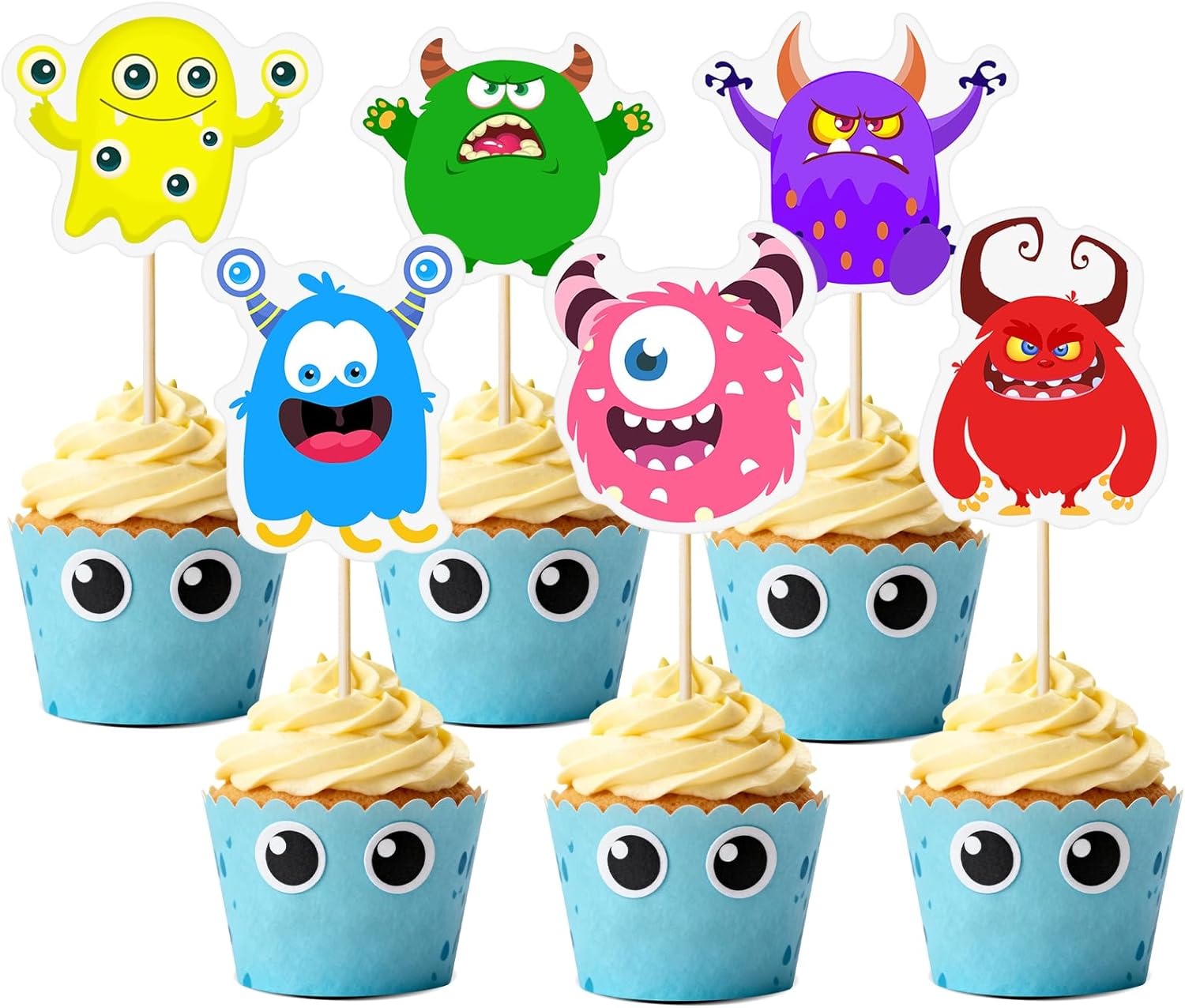30pcs Monster Cupcake Toppers Cartoon Cute Cupcake Toppers Picks for Kids Baby Shower Birthday Monsters Theme Party Decorations Supplies