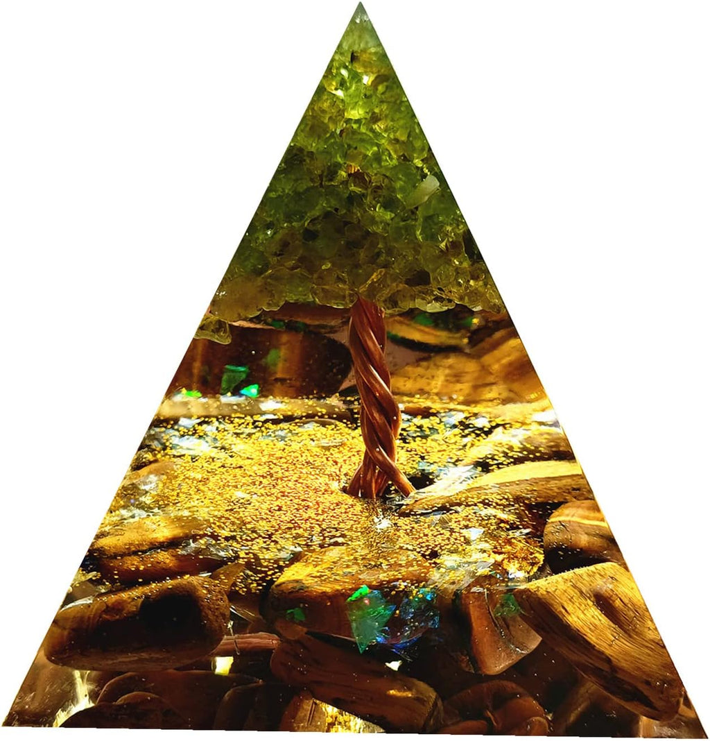 Peridot Tree of Life Orgonite Pyramid with Tiger Eye Stone Reiki Energy Generator Protection Crystal Healing Orgone Pyramids Collection