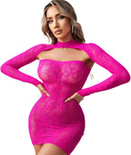 FHSEER-Fishnet Lingerie Set Women Lace Lingerie Dress Long Sleeve Fishnet Dress 2 Pcs Mesh Bodysuit Hanging Neck Slimming