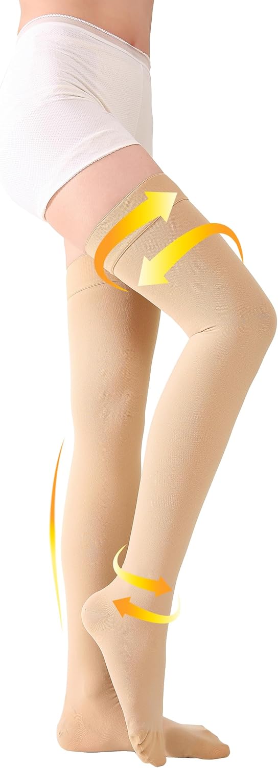 TOFLY® Medical Thigh High Compression Stockings for Women & Men, Closed Toe, Opaque, Firm 20-30mmHg Graduated Compression Socks with Silicone Band, Support for Varicose Veins, Edema, Travel,Beige L