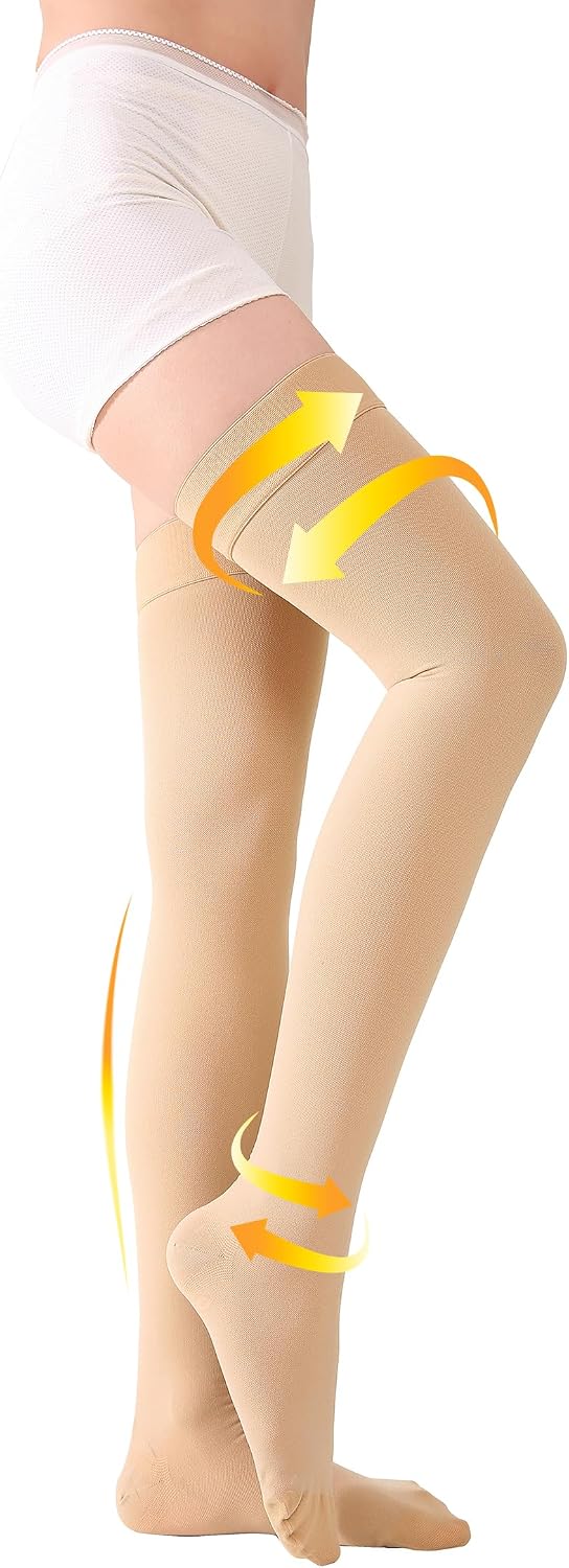 TOFLY® Medical Thigh High Compression Stockings for Women & Men, Closed Toe, Opaque, Firm 20-30mmHg Graduated Compression Socks with Silicone Band, Support for Varicose Veins, Edema, Travel,Beige 3XL