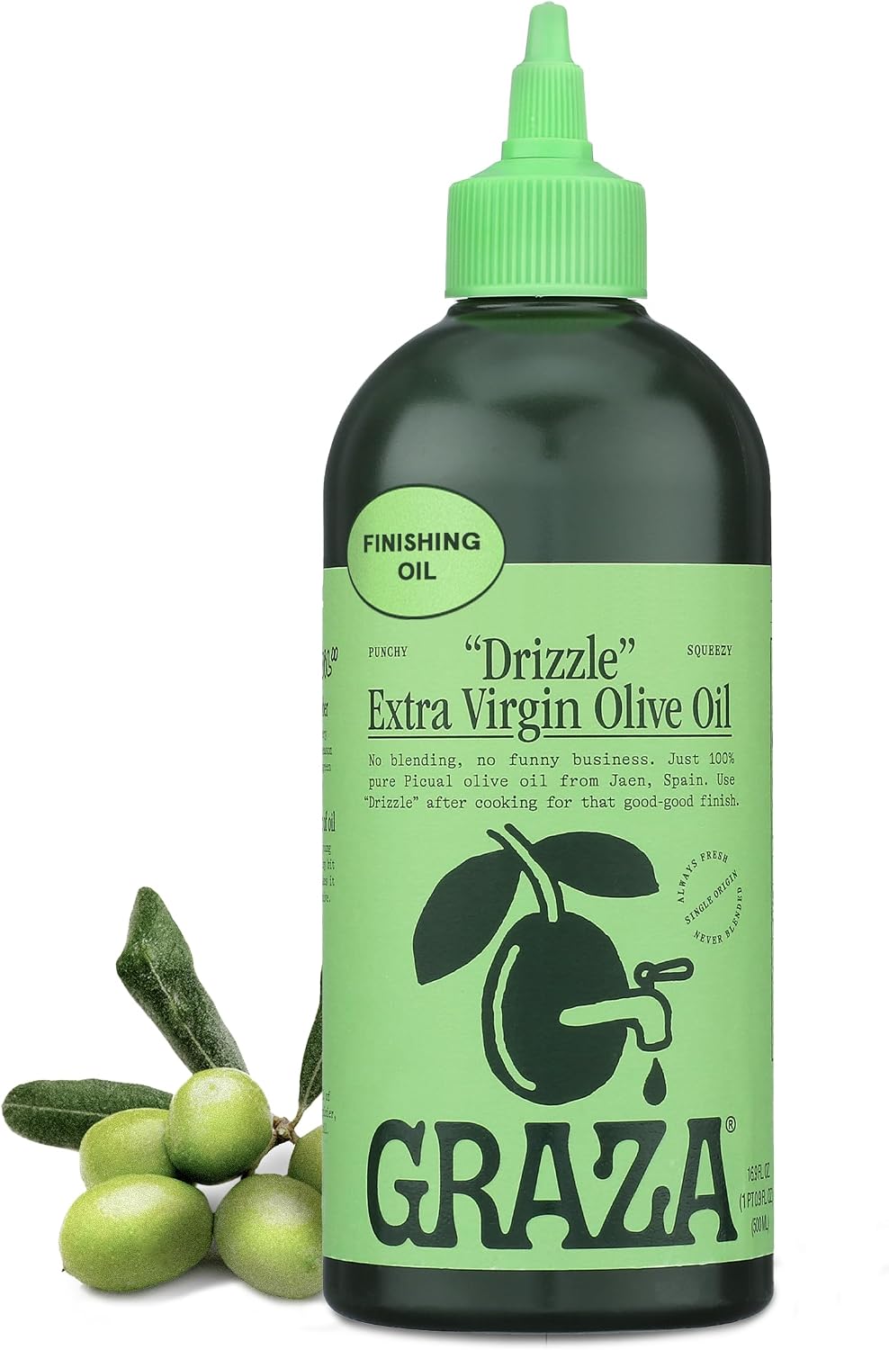 Graza Drizzle Extra Virgin Olive Oil, Finishing Oil - High Polyphenol Early Harvest EVOO Finishing Oil in a Squeeze Bottle - Single Origin Olive Oils from Spain - 16.9 Fl Oz (500ml)