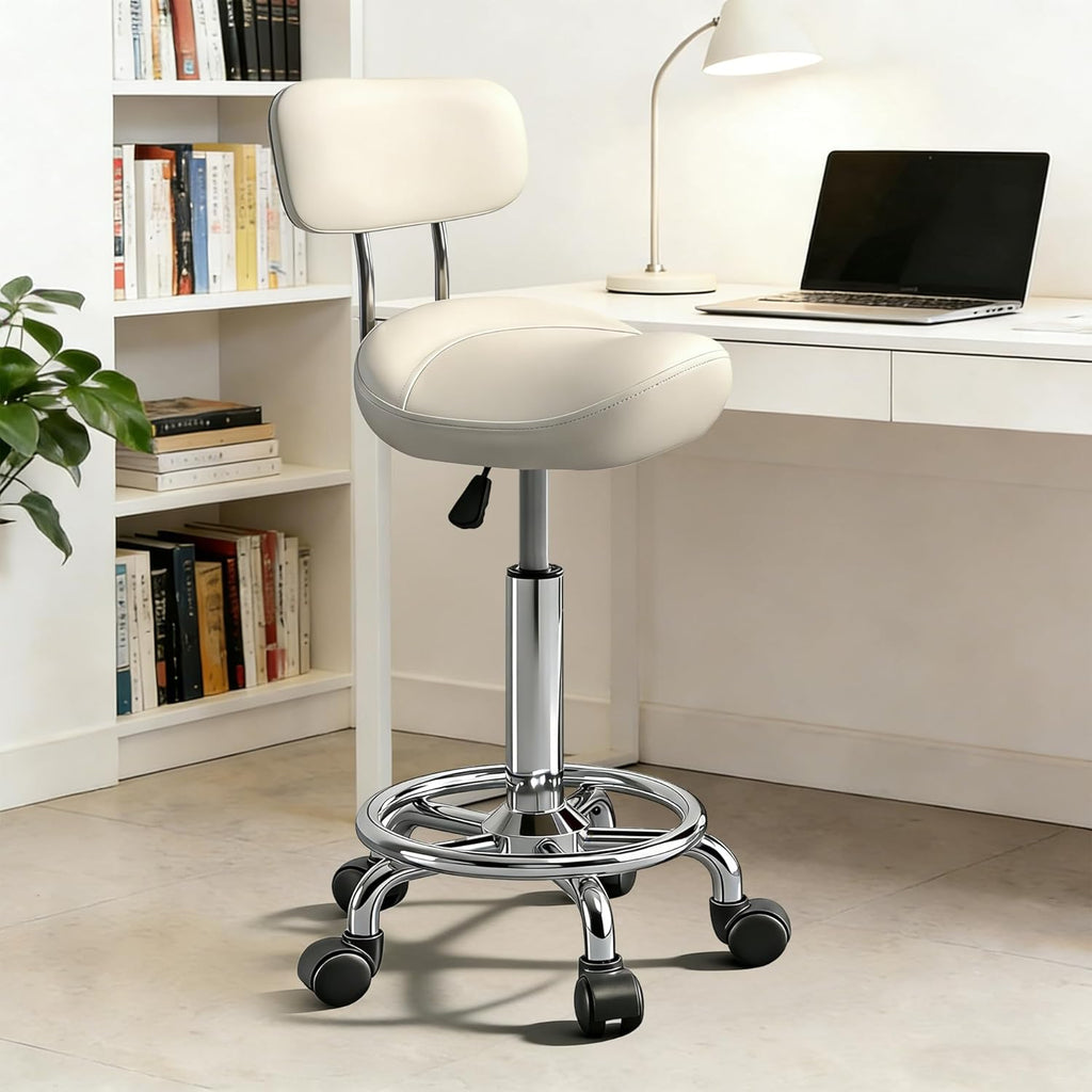 Saddle Stool with Back and Ring Pedal, Adjustable Hydraulic Rolling Chair with Wheels for Salon, Spa, Medical, Massage & Drafting Use White