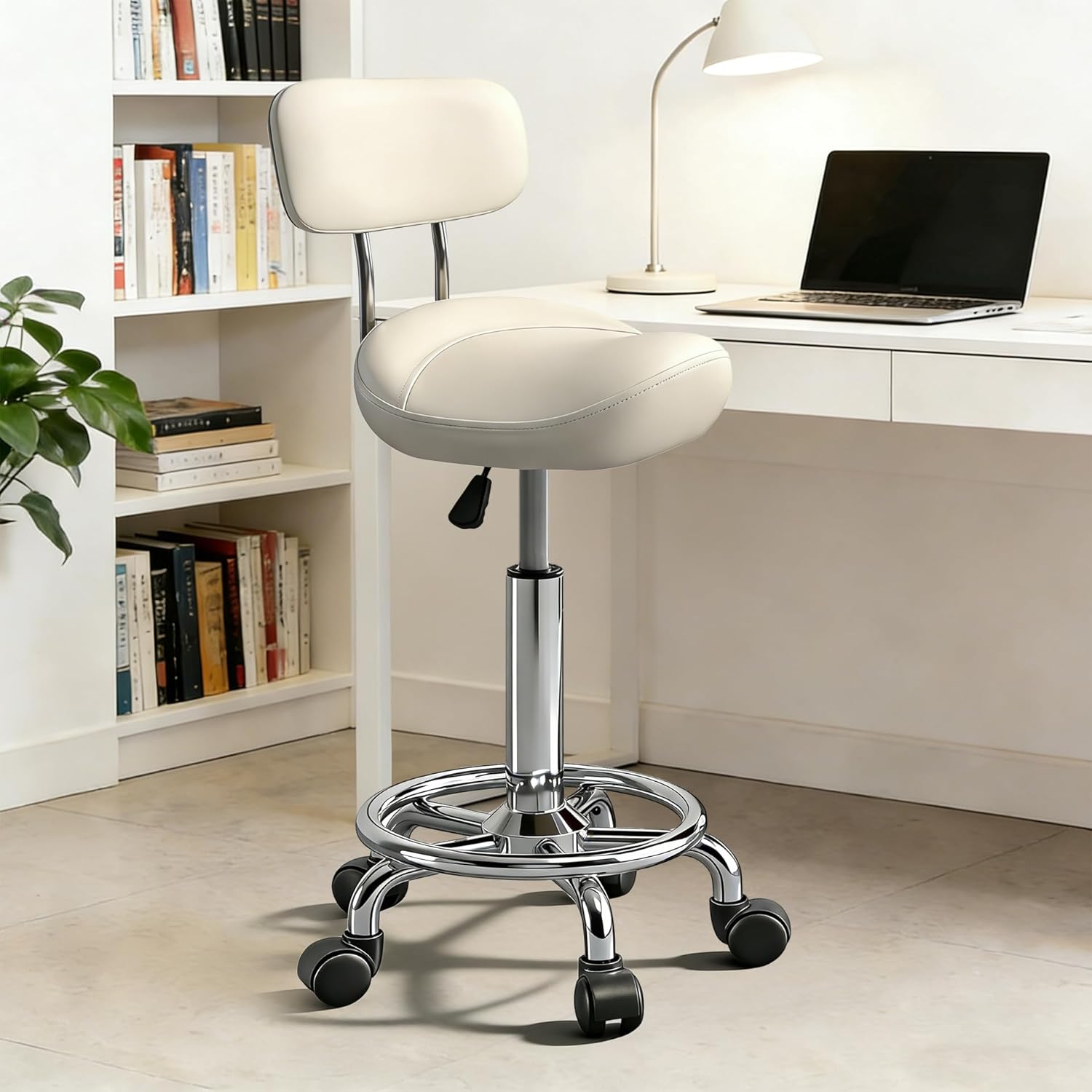 Saddle Stool with Back and Ring Pedal, Adjustable Hydraulic Rolling Chair with Wheels for Salon, Spa, Medical, Massage & Drafting Use White