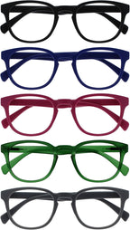OPULIZE POP Reading Glasses for Women Men,Scratch Resistant Round Matt Frame with Spring Hinges, Matt Black, Black, Blue, Pink, Green, Grey +2.00 (Pack of 5)